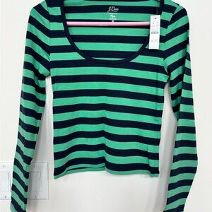 J. Crew Emerald and Navy Striped Long Sleeve Top